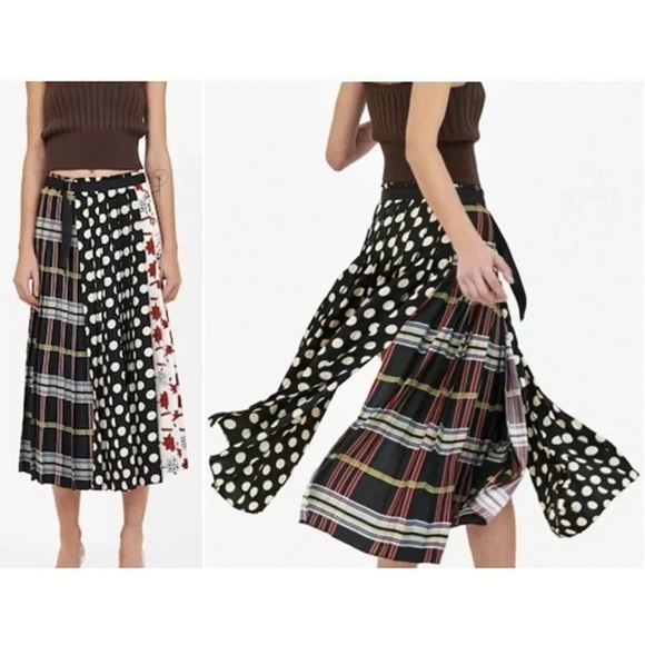 Zara Multicolored Patterned Midi Skirt Pleated Sz XS Wrap Belted Polka Dot Plaid - Picture 1 of 7